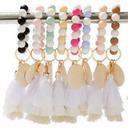 Bead Wood Bracelet Jewellery Silicone Beaded Tassel Beaded Keychains Colourful Fringe Bracelets Bangle Wrist Pendant Bag Key Ring S10 LL