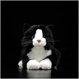 Stuffed Plush Animals Super Cute Black And White Tabby Cat Soft Toy Lie Kitten Lifelike Simation For Kids Birthday Gift 21Cm Q0727 Ot3Nw