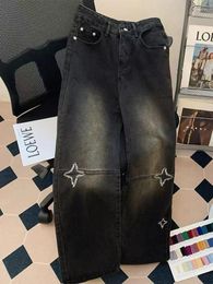 Men's Jeans Fried Street Embroidery High Waist Black Female Star Design Retro Covering Meat Slimming Straight Leg Wide Legged Pants