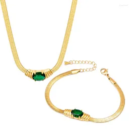 Necklace Earrings Set Stainless Steel Flat Snake Claw Zircon Pendant Non-fading Lock Bone Chain White Green Bracelet Fashion