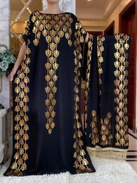 Plus size Dresses Dubai Abaya For Women Summer Short Sleeve Cotton Dress Gold Stamping Loose Lady Maxi Islam African With Big Scarf 231208