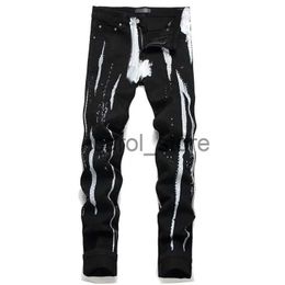 Men's Pants Brand Jeans Men's Diamond Skinny Jeans White Paint Stripe Pattern Black Slim Stretch Small Feet Jeans Fashion Streetwear Male J231208