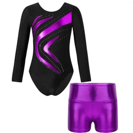 Stage Wear Children Girl Ballet Dance Gymnastics Leotard Figure Skating Dancewear Long Sleeve Bodysuit With Shorts Yoga Sportswear Swimwear