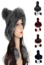 Women Faux Fur Russain Cossack Pompom Bomber Hats Female Wool Knitted Snow Ski Cap Fleece Bomber Trapper Hat7600651