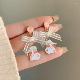 Dangle Earrings Self-designed S925 Needle Sweet Fairy Cute White Lace Ribbon Bow Drop For Women Girls Gift