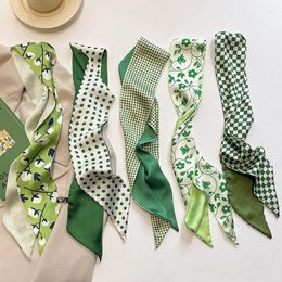 Scarves White And Tender Green Spring Summer Long Small Silk Womes Hair With Decorative Tied Bags.