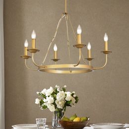 Modern Gold Chandelier Round Lighting Fixtures 6-Lights Farmhouse Candle Hanging Ceiling Light Fixture Height Adjustable Chandeliers for Hallway Kitchen Bedroom