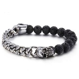 Volcanic Stones With Gold Color Stainless Steel Skull Bracelets Bangles Curb Cuban Link Chain Bracelet Biker Man Wristband300p