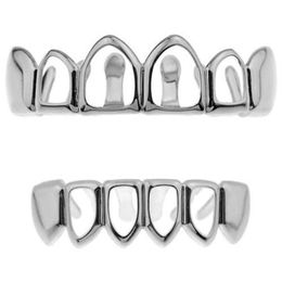 Hip Hop Teeth Grillz Hollow Top &Bottom Fangs Bottom Grillz Set Vampire Grills Sets Gold Bling Hollow Bloodsucker Tooth Caps243x