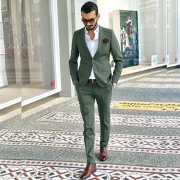 Men's Suits Skinny Men Green Full Set Single Breated Peaked Lapel 2 Piece Jacket Pants Chic Blazer Office Male Clothing Tailor