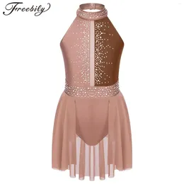 Stage Wear Kids Girls Lyrical Dance Dress Figure Skating Ballet Gymnastics Leotard Tutu Sleeveless Shiny Rhinestone Performance Dancewear