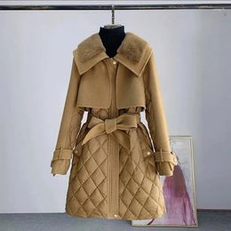 Women's Trench Coats Imitation Mink Fleece Spliced Cotton Coat Winter Female Clothing Waist Lace Up Lady High Street Style Long