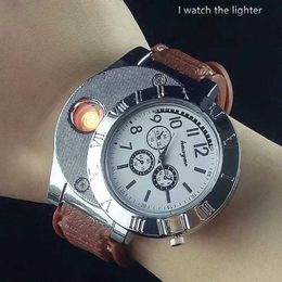 Man Watch USB Charge Windproof Electronic Flameless Lighter Watches Men's Quartz Erkek Kol Saat Horloge Heren