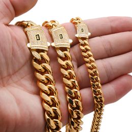 Cuban Link Chain Necklace Designer for Men Stainless Steel Non Tarnish Plated Gold Chain 6-14mm Wide Inlaid CZ Diamond in Buckle Hip Hop Rapper Designer Jewelry