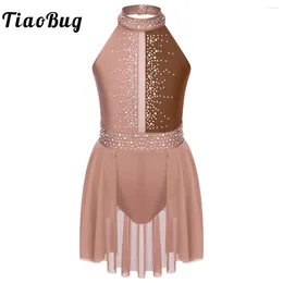 Stage Wear Sleeveless Rhinestone Ballet Gymnastics Leotard Dress Kids Girls Ballerina Mesh Skirt Contemporary Lyrical Figure Skating