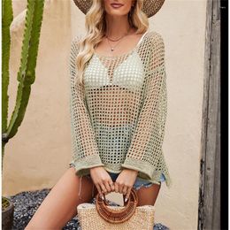 Women's Swimwear Y2K Mesh Knitted Top Hollow Out Sexy Pullovers Holes Cover-ups Women Long Sleeve Loose Knitwear Summer Beachwear Outfit