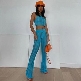 Women's Two Piece Pants Summer Sleeveless Round Neck Crop Top Trouser Suits Vest Knitted Suit Woman 2 Pieces Set Festival Outfit Clothing