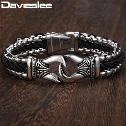 Davieslee Fashion Mens Man-made Leather Bracelet Stainless Steel Box Link Knot Charm Wristband 12 13mm Gold Silver Color DHB496341w