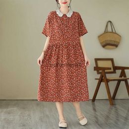 Basic Casual Dresses 2023 New Arrival Lace Peter pan Collar Cotton Blend Print Floral Vintage Summer Dress Lady Work Dress Fashion Women Casual Dress YQ231211