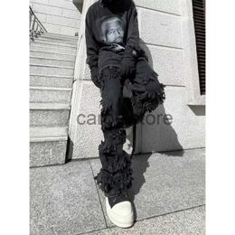 Men's Pants Black Washed Raw Edge Fringed Jeans for Men American Retro High Street Straight Jeans Harajuku Style Hip Hop Fashion Trousers J231208