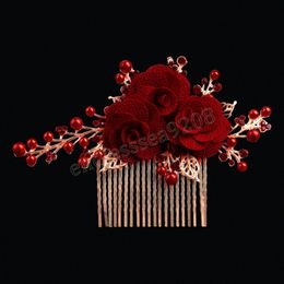 Red Rose Hair Comb Sexy Elegant Hair Accessories Chinese Wedding Xiuhe Hanfu Hair Jewellery Crystal Fancy Rhinestone Hair Decor