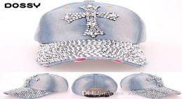 Designer Hats Caps Women Luxury Rhinestone Bling Cross Washed Denim Baseball Caps Sun Hat Summer Designer Skull Caps1915580