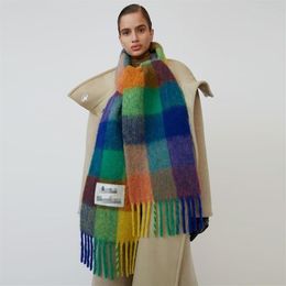 Scarves European And American Autumn Winter Scarf Imitation Cashmere Rainbow Plaid Thick Beard Women's Warm Bib Shawl Fashion316Z