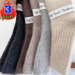 Women Socks 1/3pairs Winter Knitted Thicker Cashmere Wool Casual Japanese Solid Color Long Sock Girls Thermal Warm Crew