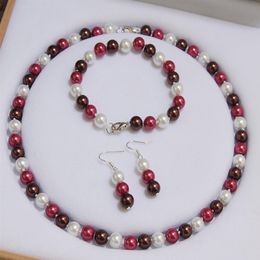 Handmade beautiful 8mm multicolor south sea round bead shell pearl necklace bracelet earrings set 45cm fashion Jewellery 2set lot222C