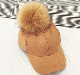 New Style Women Faux Fur Pompom Baseball Caps Light Tan Ball Suede Cap Hiphop Hat Gorros47073659781069