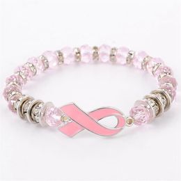 Breast Cancer Awareness Beads Bracelets Pink Ribbon Bracelet Glass Dome Cabochon Buttons Charms Jewelry Gifts For Girls Women224s