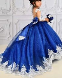 2024 Royal Blue Flower Girl Dress First Communion Party Prom Princess Gown Girls Birthday Party Dresses Backless Kids Pageant