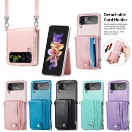 Detachable Magnetic Zipper Wallet Case for Samsung Galaxy Z Flip 5 ZFlip 4 ZFlip5 Crossbody Lanyard Purse Shell Card Slot Holder Flip Leather Stand Cover