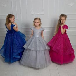Girl Dresses Flower With Cap Sleeves Glitter Tulle Pageant Gown For Girls First Communion Dress Kids Birthday Size 1-14T