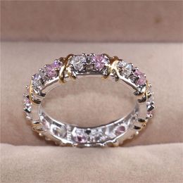 Lady's 925 Sterling Silver pink Tanzanite Couple rings Yellow Gold Cross Eternal Band Wedding Ring for Women Jewelry size 5-1318Q