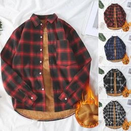 Men's Casual Shirts Men Loose Fit Plaid Shirt Plush Lapel Cardigan With Print Colour Matching Buttons For Fall Winter Warmth