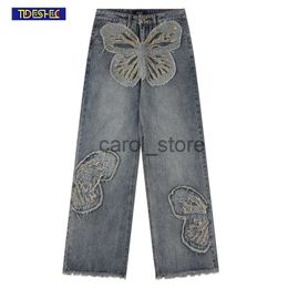 Men's Pants High Street Distressed Casual Jean Pants Butterfly Patches Embroidered Washed Straight Leg Pants Vintage Baggy Fitting Jeans Men J231208