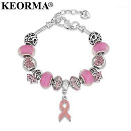 KEORMA Breast Cancer Awareness Pink Ribbon Pendant Heart Snake Chain Adjustable Charm Bracelet & Bangles Women Mother's Day G335p