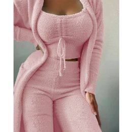 Sexy Pyjamas Autumn Winter Women S Velvet Warm Pajamas Set Crop Top Long Pants Coat 3 Pieces Suit Soft Fleece Homewear S 3xl 231211