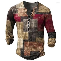Men's T Shirts Color Block Henley Patchwork 3D Print Streetwear Fashion Vintage Long Sleeve Button-Down Shirt Man Male Tees Tops