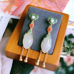 Dangle Earrings Natural Hetian Jade Burning Blue Ruyi Magnolia Vintage Court Gourd Tassel Small Flower Water Drop Cymbal Heart