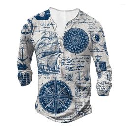 Men's T Shirts Vintage T-Shirt Button Henley 3D Print V Neck Fashion Long Sleeve Tees Oversized Casual Autumn Man Clothing Tops