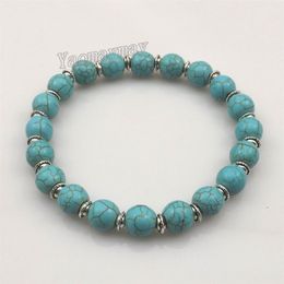 Stretchy 8mm Turquoise Beaded Bracelets With Silver Color Spacer Beads For Women 12pcs 2619