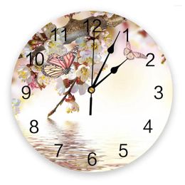 Wall Clocks Peach Blossom Branch Butterfly Water Wave Silent Home Cafe Office Decor For Kitchen Large