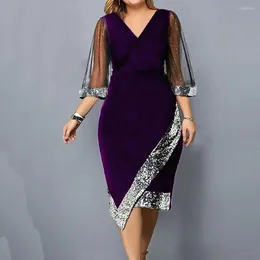 Casual Dresses Women Party Dress V Neck Mesh 3/4 Sleeves Summer Elegant Solid Colour Sequin For Daily Wear