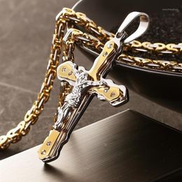 Chains Jewelry Men's Byzantine Gold And Silver Stainless Steel Christ Jesus Cross Pendant Necklace Chain Fashion Cool261a
