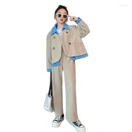 Clothing Sets YourSeason Autumn Spring Children Fake Two-piece Patchwork Coats And Wide Leg Trousers Set For Girls Double Breasted Outerwear