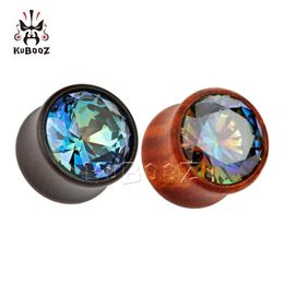 KUBOOZ Wood Ebony Electroplated Zircon Ear Piercing Plug Tunnels Body Earring Jewellery Gauges Expander Stretcher Whole 8-16mm 31843