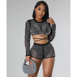 Women's Tracksuits 2023 High-end Flaring Black Sexy Club Diamonds Shirt&Short Full Sleeve Bandage Cross Short Pants Women 2-Piece Set