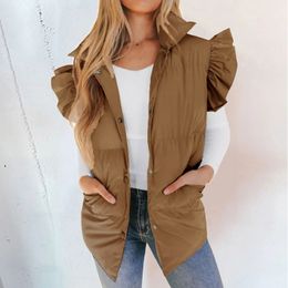 Women s Down Parka S Ruffles Puffy Vest Winter Button Padded With Pockets Turn Down Collar Loose Khaki Vests 231211